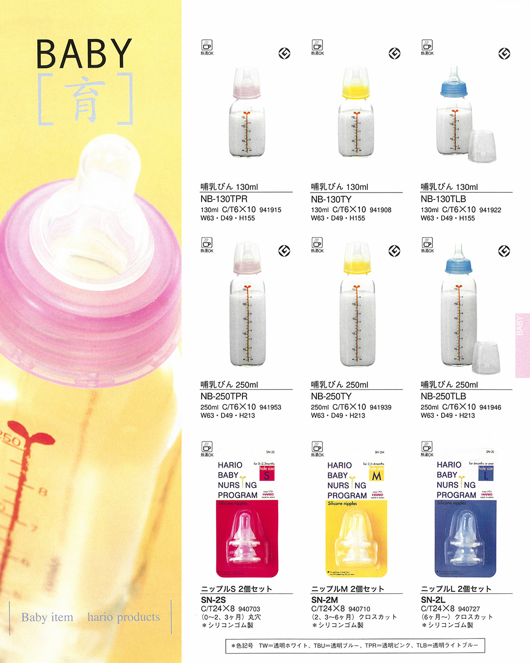 Hario, Baby, Heat-Resistant, Glass, Nursing Bottle, Nursing Program, Nipple, silicone rubber, NB-130TLB, NB-130TY, NB-130TLB, NB-250TPR, NB-250TY, NB-250TLB, SN-2S, SN-2M, SN-2L