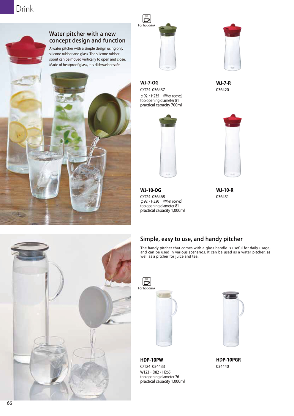 Catalog 2018, Drink, Water Pitcher, Handy Pitcher, WJ-7-OG, WJ-7-R, WJ-10-OG, WJ-10-R, HDP-10PW, HDP-10PGR