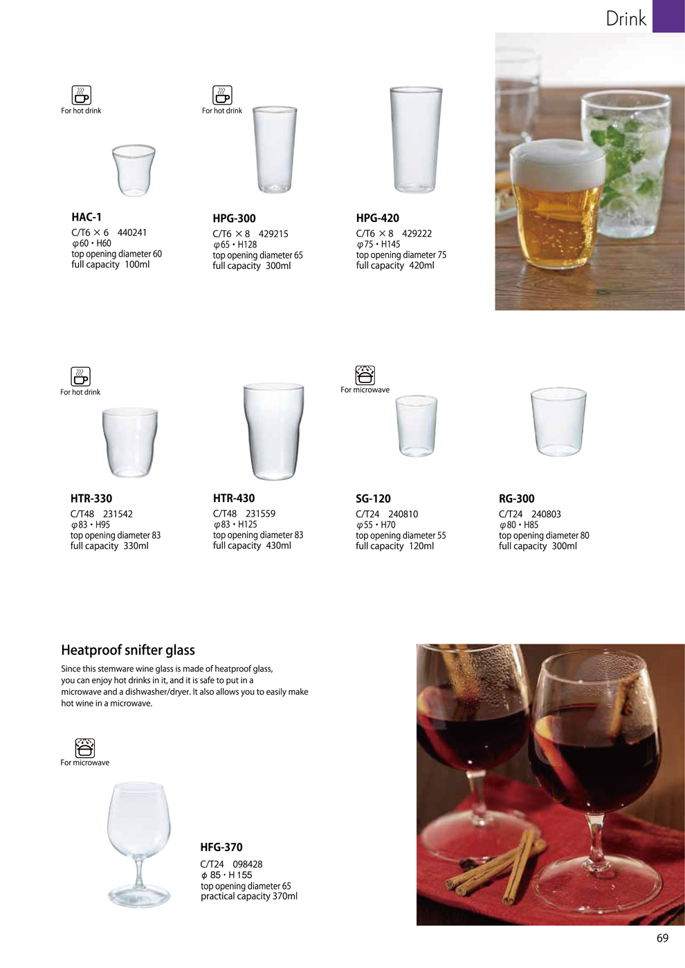 Catalog 2018, Drink, heatproof snifter glass, stemware, HAC-1, HPG-300, HPG-420, HTR-330, HTR-430, SG-120, RG-300, HFG-370