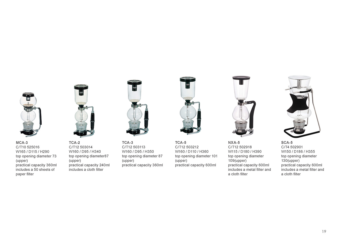 Catalog 2020, Coffee, Syphon, Moca, Technica, Coffee Syphon NEXT, Hario Sommelier, metal filter, cloth filter, MCA-3, TCA-2, TCA-3, TCA-5, NXA-5, SCA-5