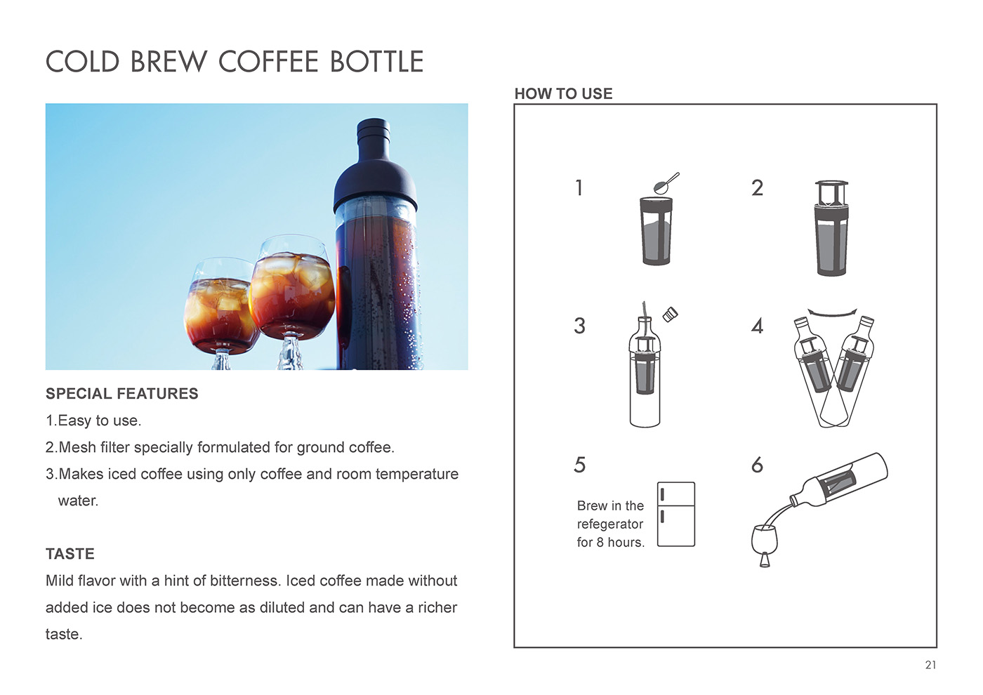 Catalog 2020, Coffee, Cold brew coffee bottle, Taste-coffee, Iced coffee, bitterness, richer taste