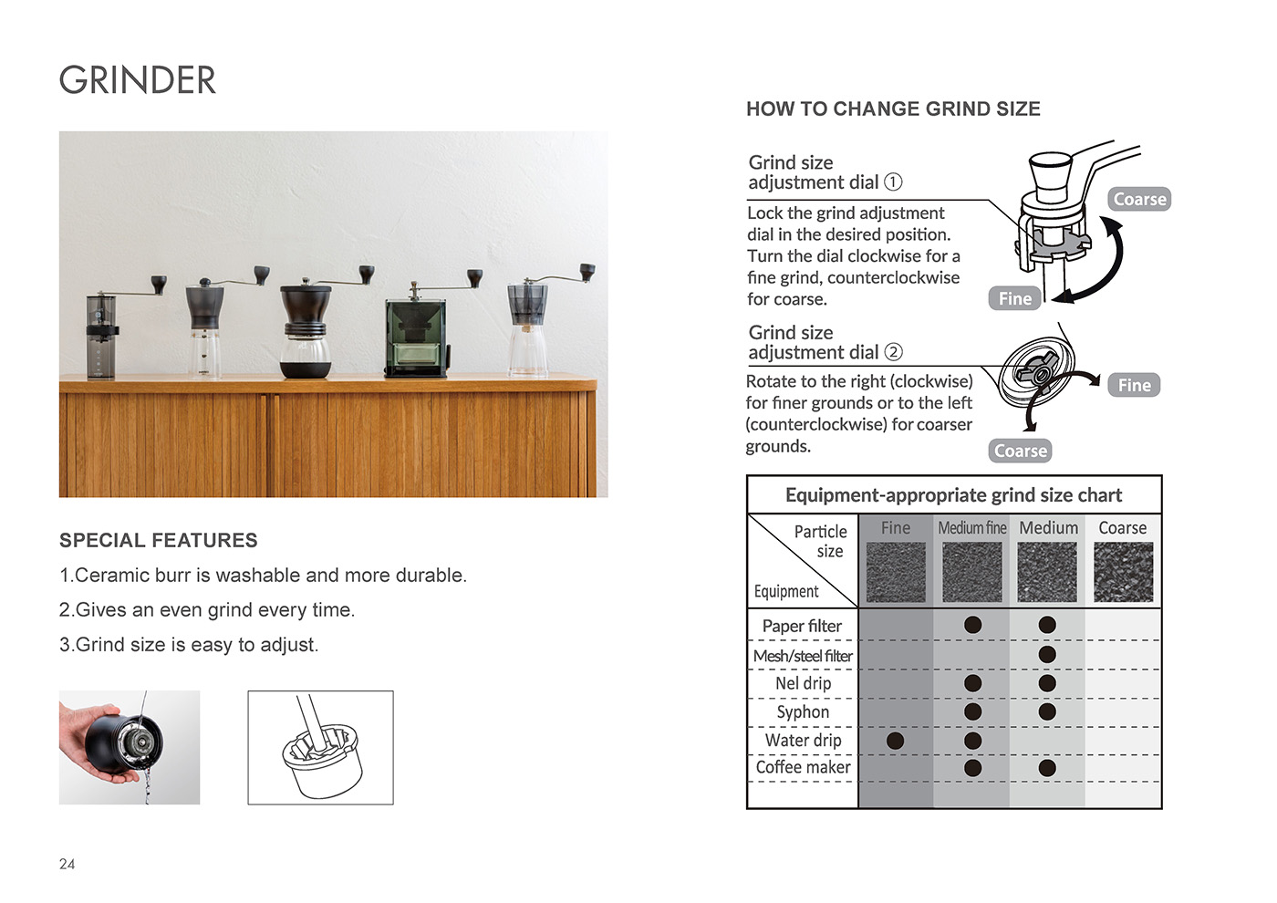 Catalog 2020, Coffee, Grinder, Ceramic burr, grind size, Coarse, Fine