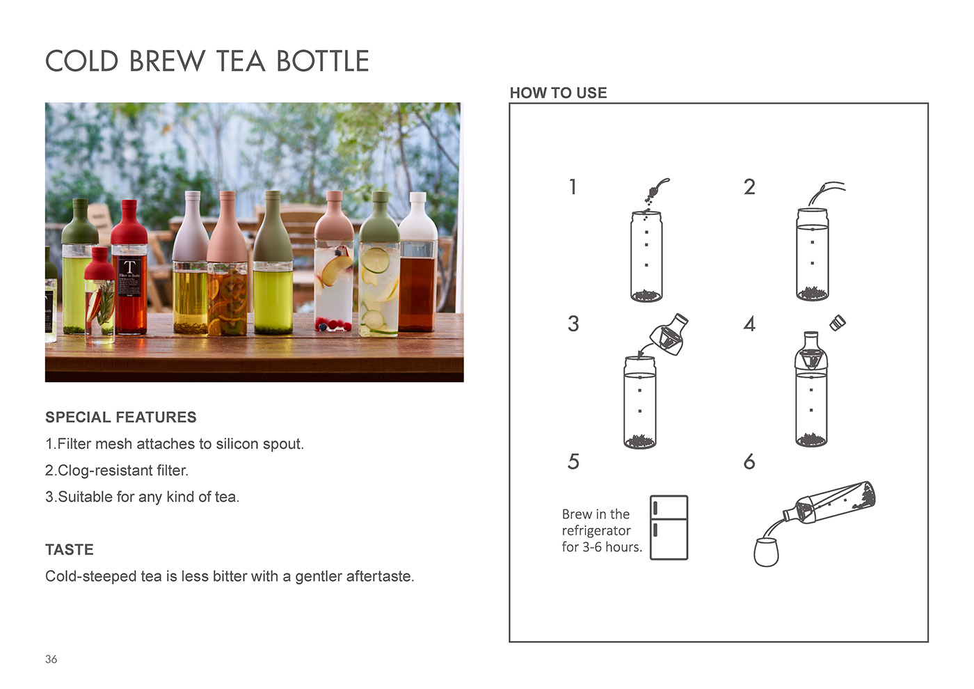 Catalog 2020, TEA, Cold brew, tea bottle, filter, mesh, silicon spout, clog-resistant, cold-steeped