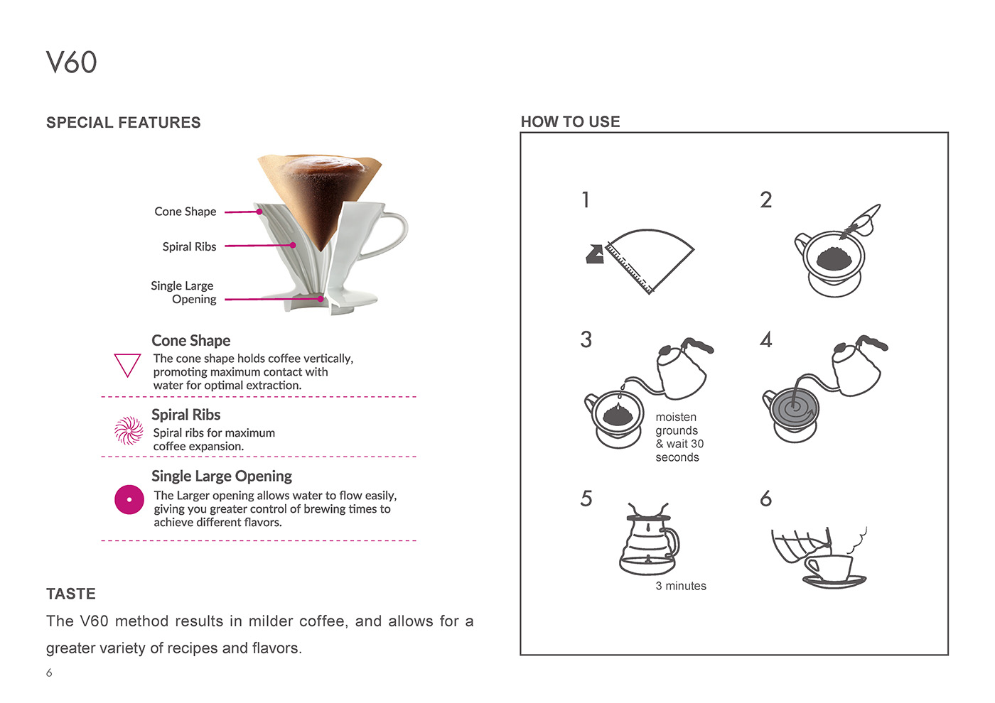 Catalog 2020, Coffee, V60 Dripper, Cone Shape, Spiral Ribs, Single large opening, moisten, taste, milder coffee, recipes, flavors