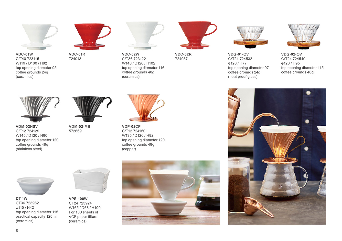 Catalog 2020, Coffee, V60, Glass Dripper, Ceramic Dripper, Metal Dripper, VDC-01W, VDC-01R, VDC-02W, VDC-02R, VDG-01-OV, VDG-02-OV, VDM-02HSV, VDM-02-MB, VDP-02CP, DT-1W, VPS-100W