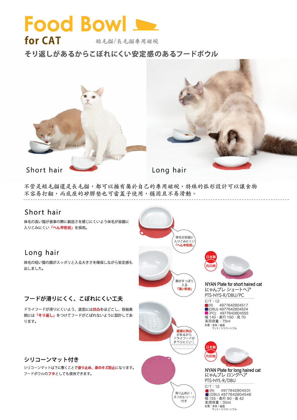 HARIO, Pet goods, Made in Japan, Cat, Food Bowl, Short hair, Long hair, PTS-NYS-R, PTS-NYS-DBU, PTS-NYS-PC, PTS-NYL-R, PTS-NYL-DBU